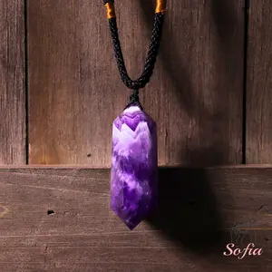 Sofia Natural Amethyst Stone Wand Pendant Necklace Dream Amethyst Purple Crystal Point Charm Adjustable 24 Inch Rope Chain Gift for Her Him