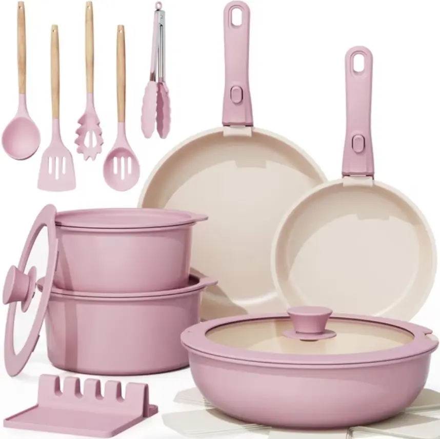 20-Piece Nonstick Ceramic Cookware Set, Detachable Handles, Oven Safe to 480°F, Induction Compatible, Stackable RV Kitchen Pots and Pans Set