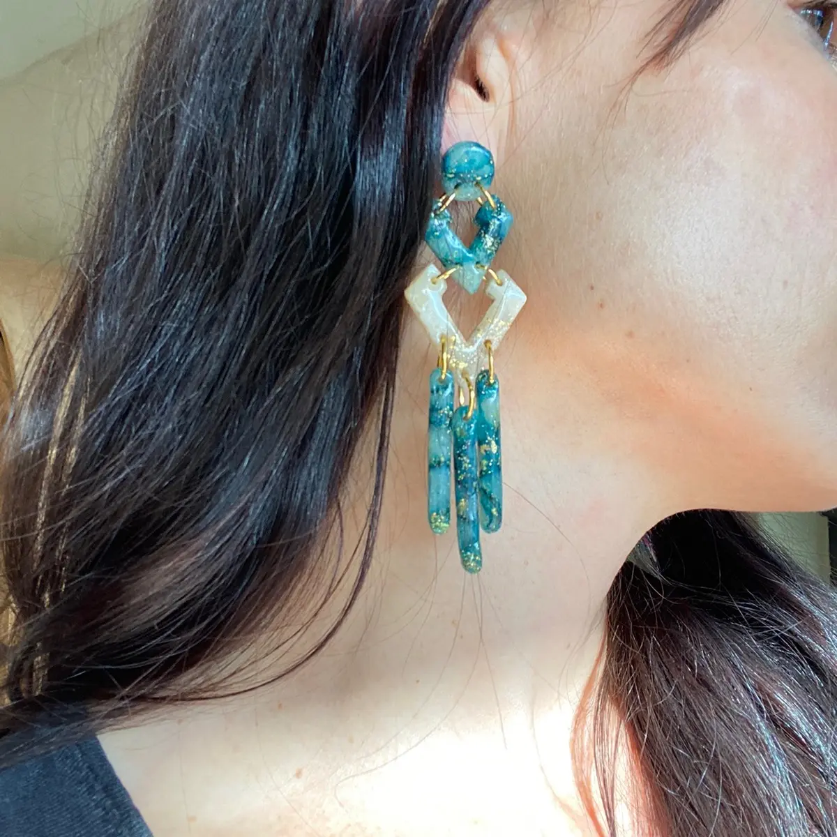 Dangling polymer clay earrings turquoise gold quartz geometric design