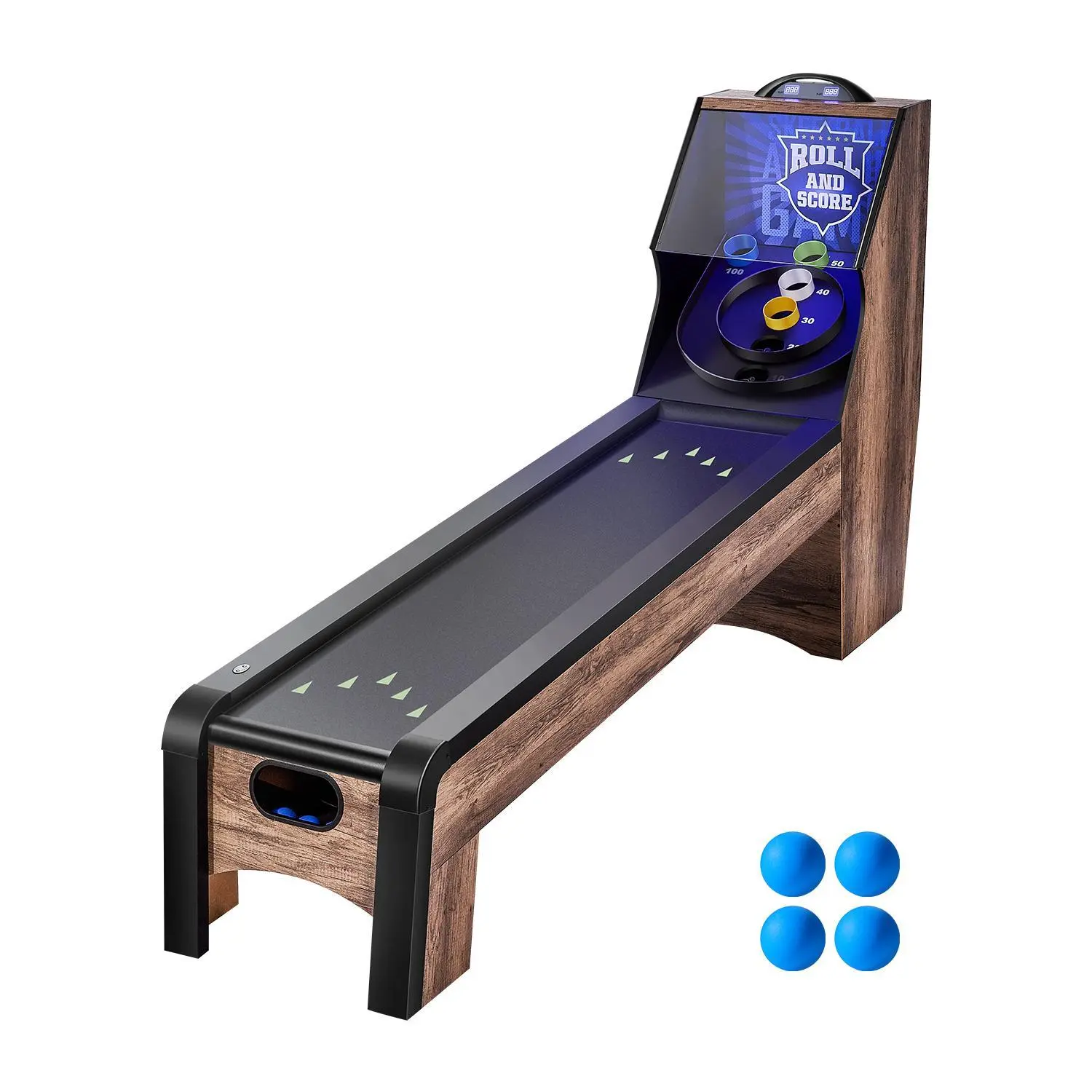 VEVOR 9 ft Roll and Score Classic Arcade Game Table, Indoor Skeeball Machine with LED Electronic Scorer, Sound, Automatic Return, LED Arcade Effect, PVC Surface Coating, Acrylic Barrier, 4 Balls for Home Game Room (Immersive Gaming Experience)