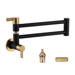 WOWOW Black and Gold Wall-Mount Kitchen Pot Filler Faucet, 2-Handle Solid Brass Stove Tap with Foldable Double-Joint Swing Arms and Aerated Flow