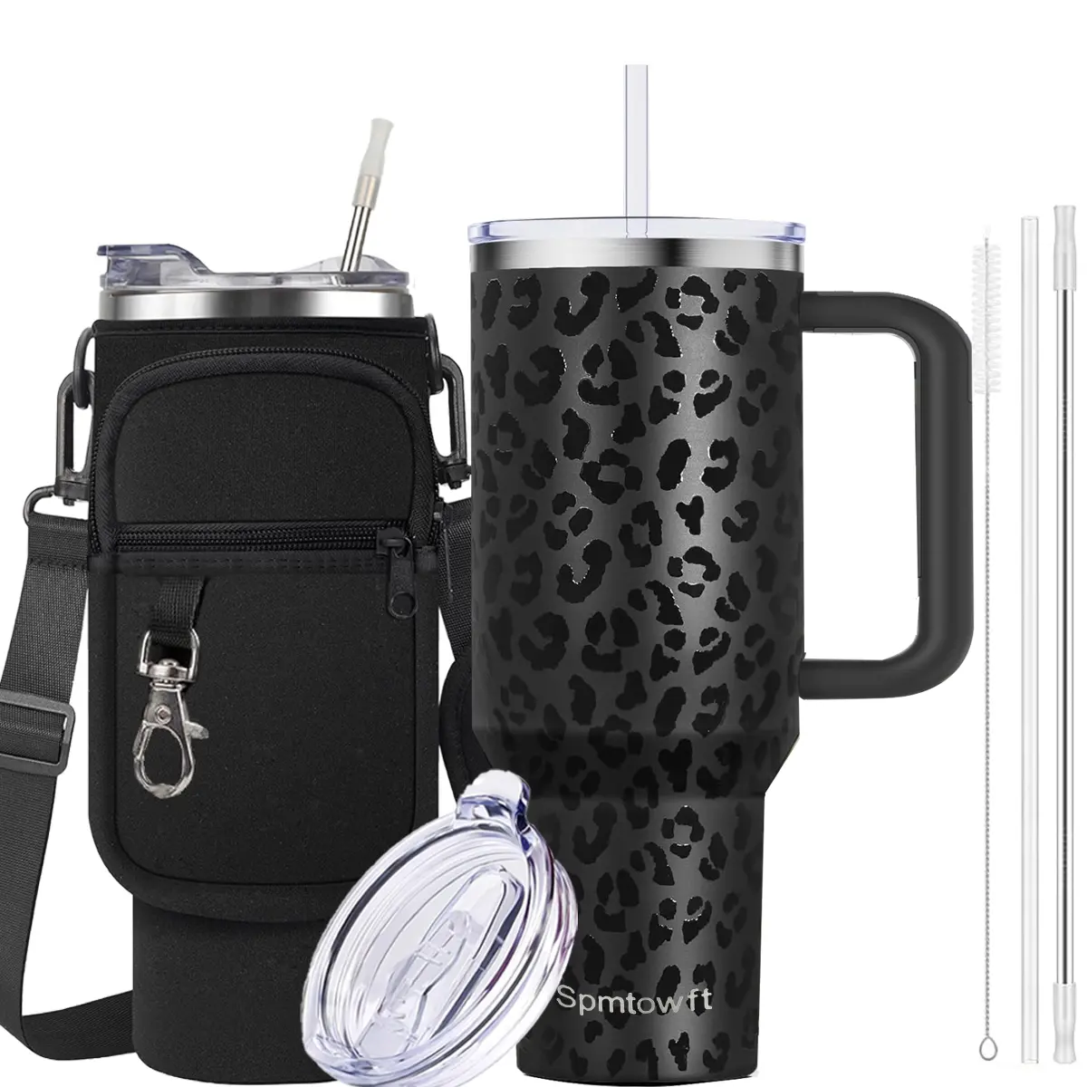 40oz Large Capacity Stainless Steel Vacuum Flask – Leakproof Insulated Tumbler with Replaceable Straw & Durable Handle, Accompanied by a Water Bottle Carrier Bag with a Roomy Phone Pocket for Daily Use, Multi - functional Drinking Cup Suitable for Home Li