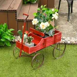Costway- Wagon Planter, Decorative Wooden Garden Planter with Wheels, 2 Planting Sections and Adjustable Handle, Indoor Outdoor Backyard Balcony Decor-Springtok