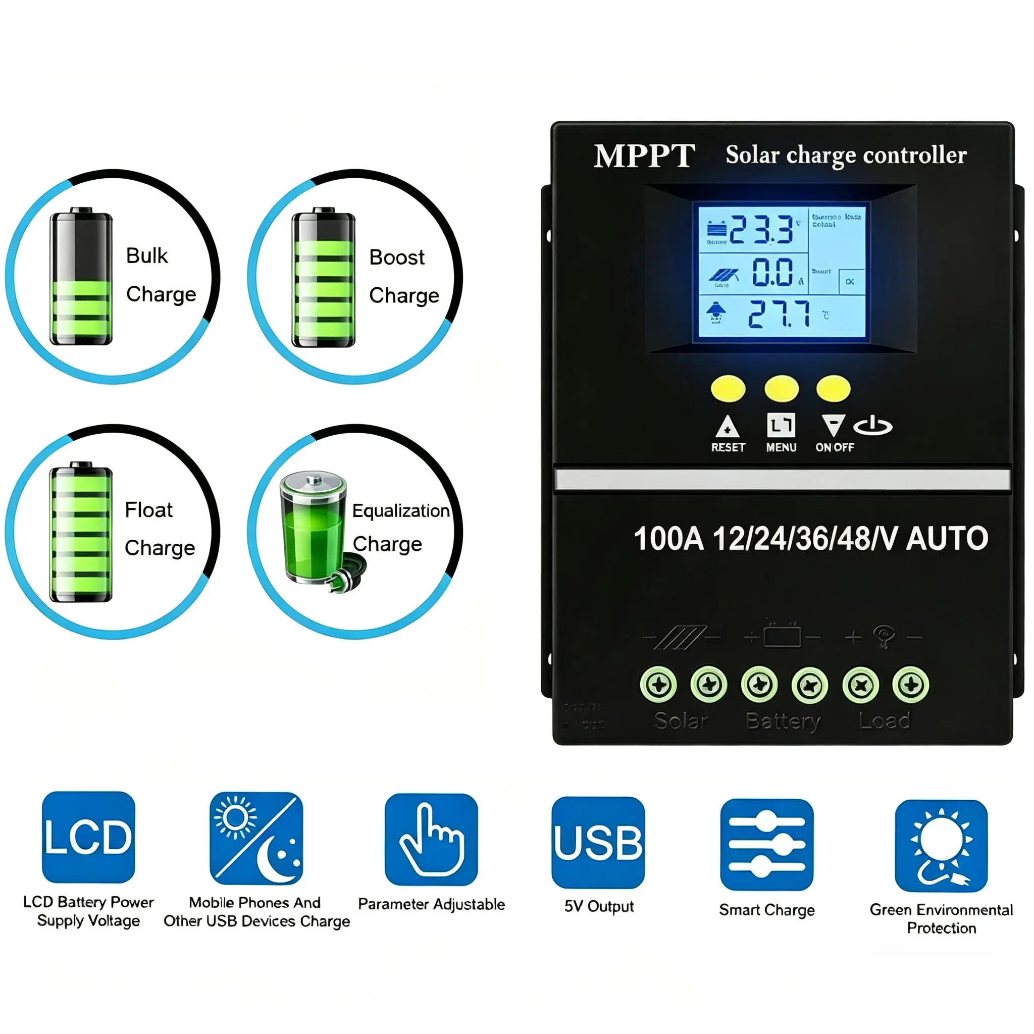 4000W 100A MPPT Solar Battery Charger Controller, Auto 12‑48V Voltage Recognition, Self‑Cooling MOSFET, LCD Display Dual USB Output for RV, Outdoor Off‑Grid Solar Power Setup