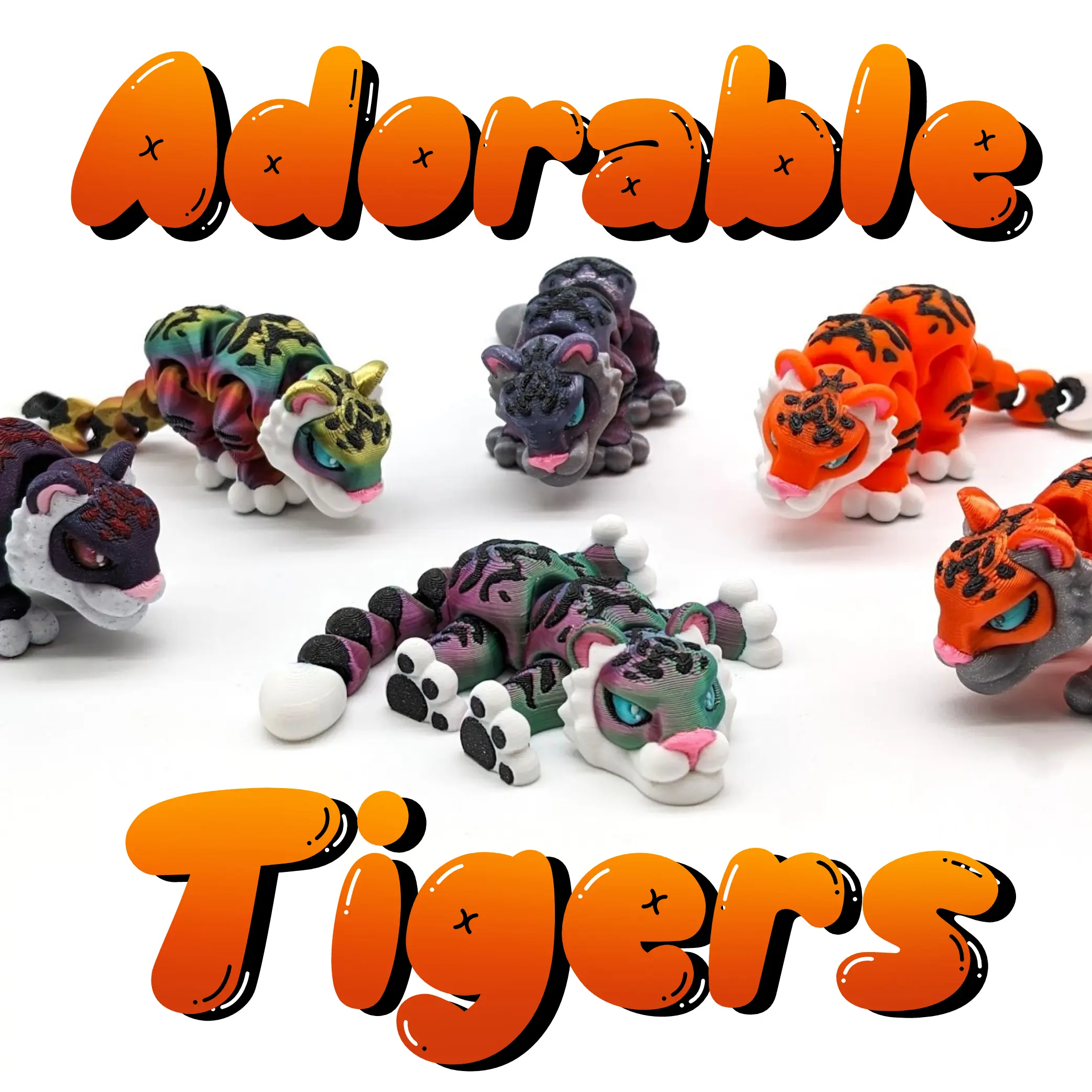 Adorable Tigers! 5" Articulated 3D Printed Tiger Figurine - Multicolor Orange-Black Striped, Palm-Sized Decor Ornament, Fidget Desk Toy, Unique Gift, Keychain Option, Versatile Jointed Paws, Mini 3D Print Item
