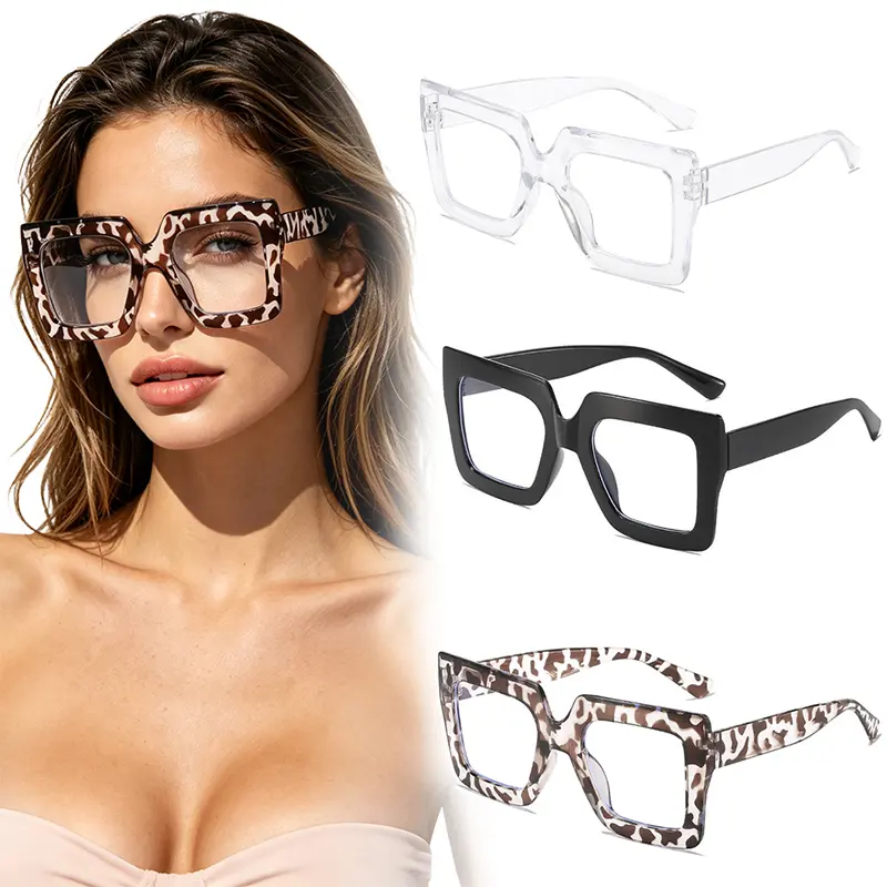 3 Pairs Oversized Square Decorative Glasses for Women, Clear Non-Prescription Lens Fashion Eyewear, Thick Large Frame Leopard Print Black Transparent Plain Glasses, Stylish Costume Eyeglasses for Daily Street Shooting Party Makeup Accessory