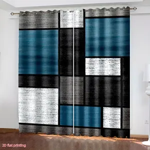 2D Flat - 2D Flat - Two-Dimensional Flat Print, Two Units, Digitally Printed Geometric Blue-Gray Checkered Pattern for Living Room Drapes, Semi-Transparent Perforated Curtains to Enhance Living Room Furnishings