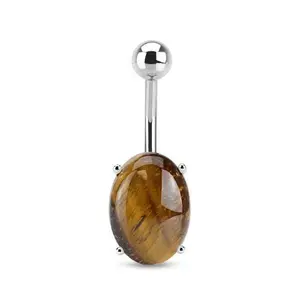 Tiger's Eye Oval Semi Precious Stone Belly Ring