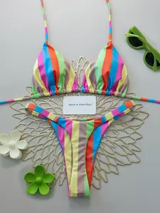 2026 New Women's Striped Print Sexy Tie Back Bikini Set, Triangle Top Low-Waist Swimsuit, Summer Beach Swimwear, Slimming and Sexy Beachwear, Swimsuit For Beach