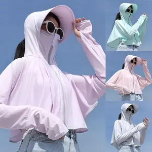 Women's UV Protection Ice Silk Outdoor Jacket, Summer Sun Protection Cape Coat, Wide Brim Hood, Breathable Loose, Women's Sun Hat and Cool Sleeves Set, Great for Fishing, Cycling and Running,Mother's Day Gifts