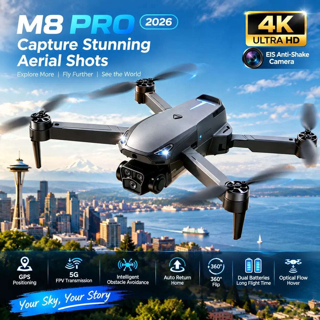 New Upgrade M8 Pro Drone 2026, 4K EIS HD Aerial Photography Camera, GPS Positioning, Optical Flow Stable Hover, Auto Return Home, Brushless Motor, Beginner Friendly