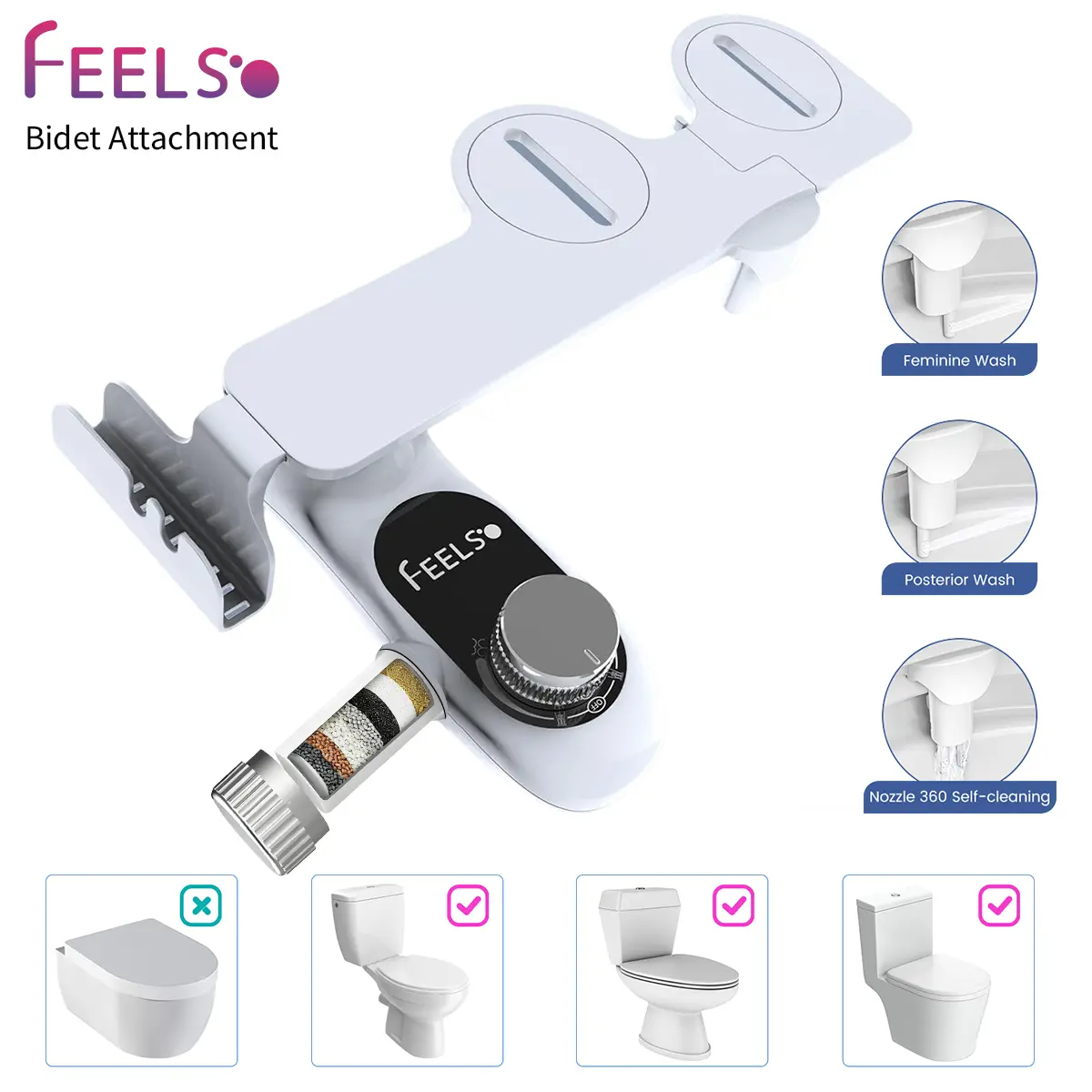 FEELSO Standard Non-Electric Ultra-Slim Toilet Bidet Attachment - Bathroom Bidet Sprayer with Dual Retractable Self-Cleaning Stainless Steel Nozzles, Feminine & Rear Cold Water Wash, 2 Chlorine-Removing Filters