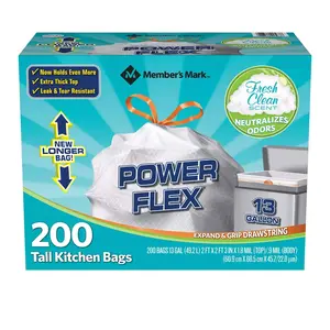 Members Mark 13 Gal Power Flex, Leak Protection, Tall Kitchen Simple Fit Drawstring Bags (1 Pack, Fresh Clean Scent), 1count