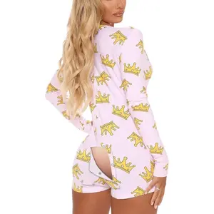 Women’s Sexy Onesie Pajama with Butt Flap, Long Sleeves, V-Neck, Bodycon One-Piece Romper, Soft Casual Polyester Sleepwear