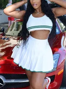 Striped pleated skirt two-piece Set Polyester Spandex