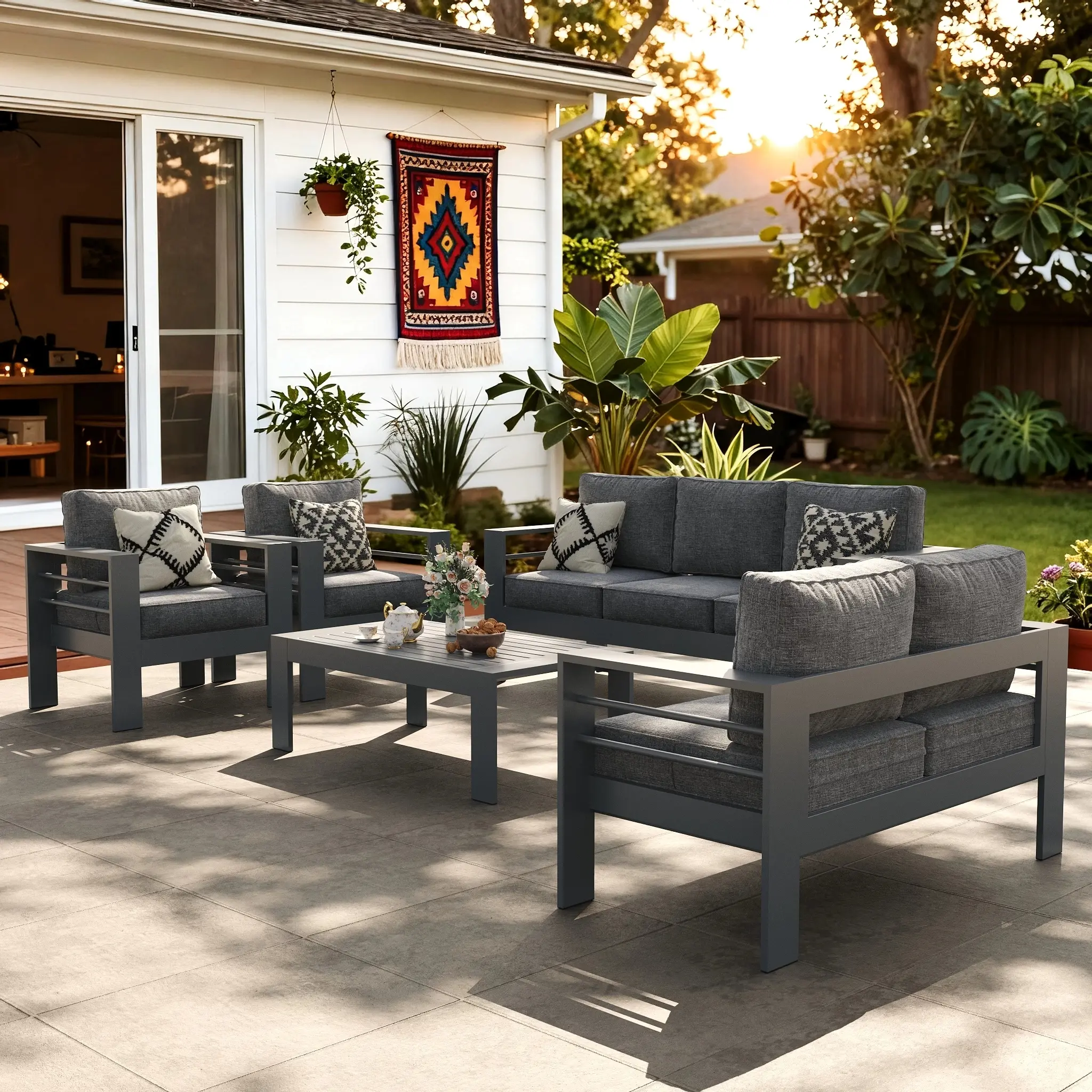 【3/4 Packages Shipping】LayinSun Outdoor Aluminum Furniture Set, Patio Sectional Conversation Chat Sofa Modern Seating Set with Coffee Table