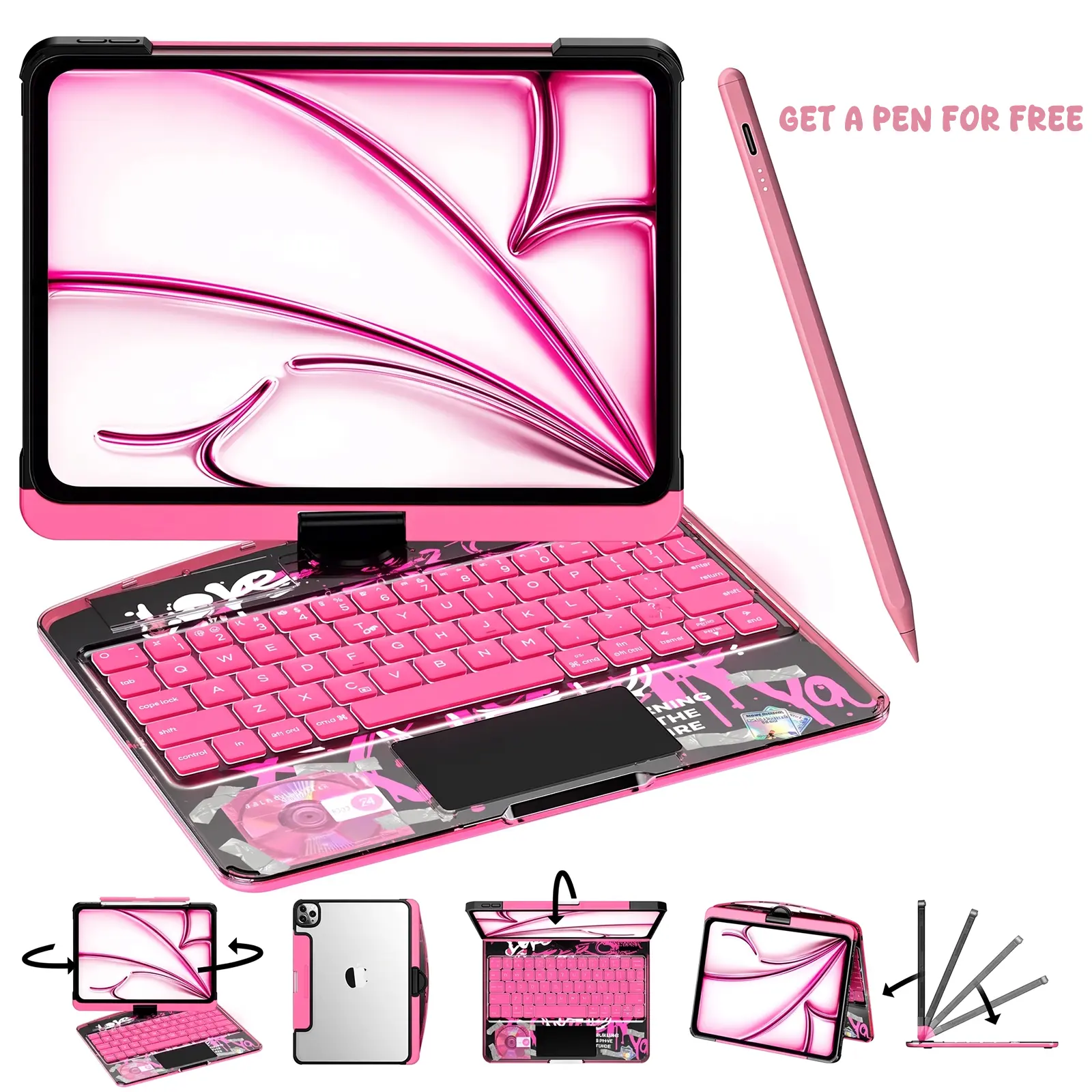 360° Rotatable Tablet Keyboard Accessory for iPad 10th Gen - 7-Backlit Colors Bluetooth Keyboard with Touchpad, LED Battery Indicator, Magnetic Hold, Transparent Graffiti Cover, Adjustable Pink Shell, Free Stylus Pen, Included Cable