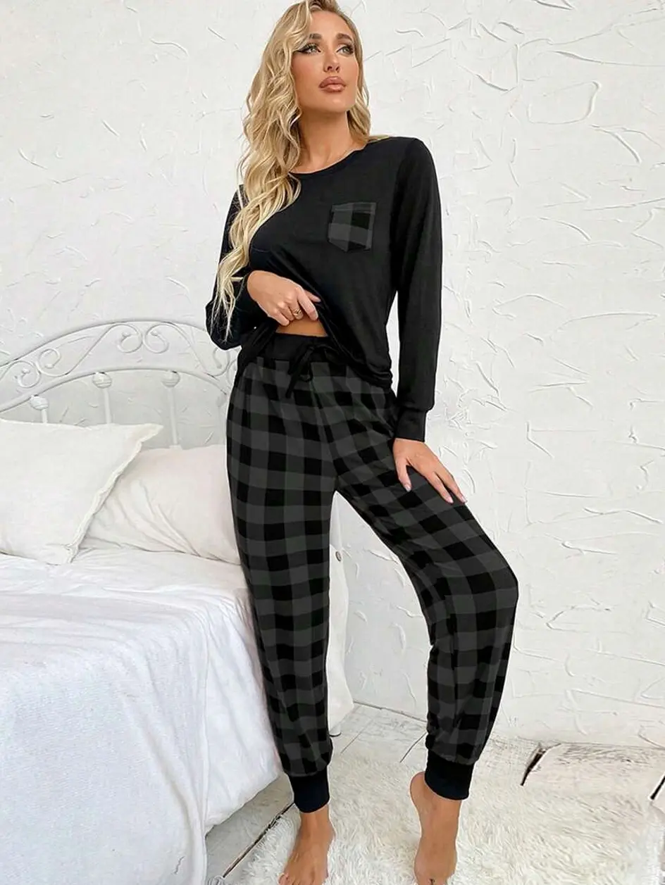 Women's Dark Grey Plaid Long Sleeve Pajama Set with Pocket