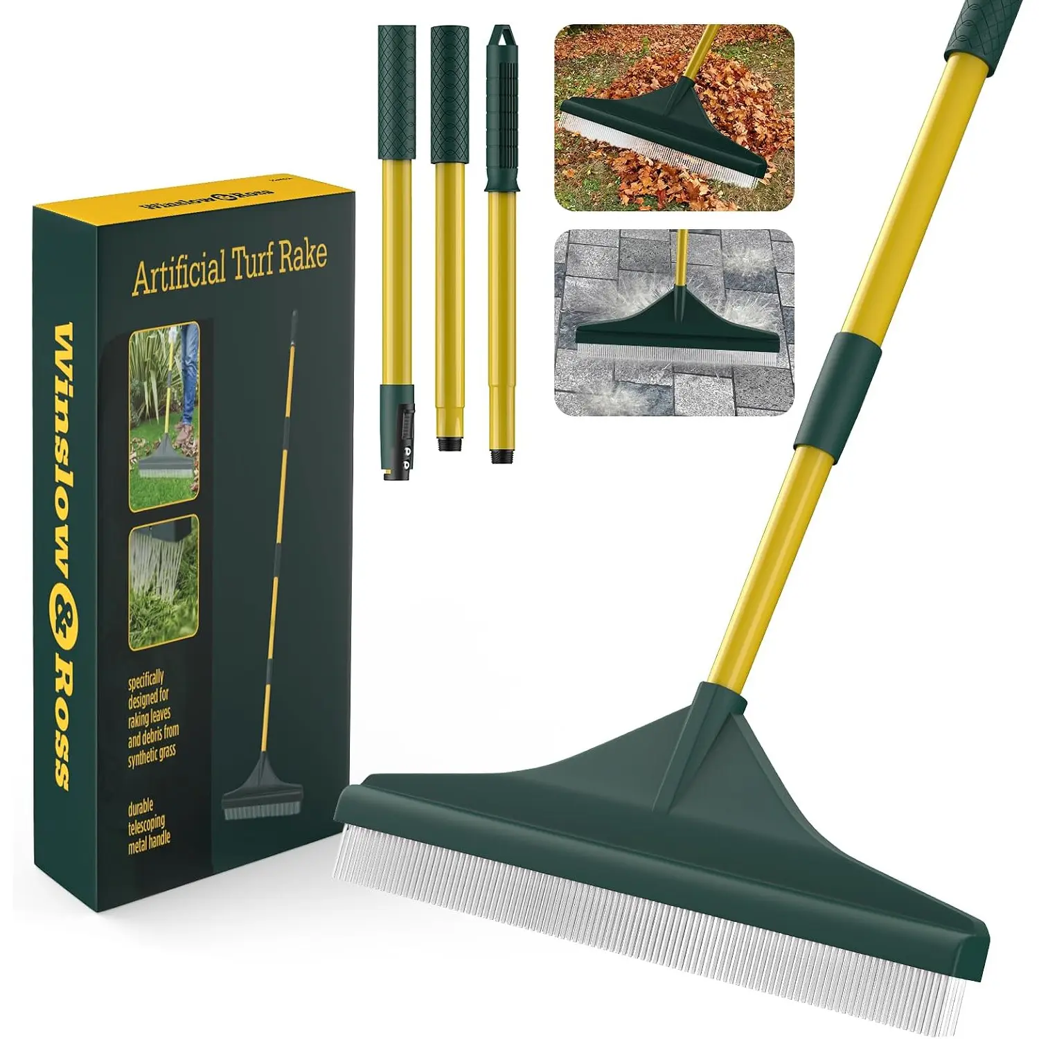 Artificial Turf Rake with Steel Telescopic Handle, 32 to 55 Inch 3 Piece-Pole Easy Storage Design, Garden Hand Boom Rake for Artificial Grass, Carpet Pet Hair, Lawn Leaves and Debris Remove, Yellow