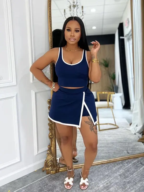 USBoutiqueCHIC Y2K Contrast 2-Piece Set | Crop Tank Top & Side-Slit Skort | Summer Casual Party Street Style Slim Fit Women's Outfit