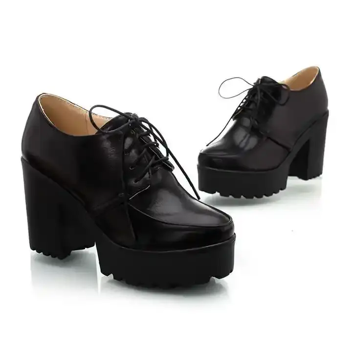 Black Lace up Platform Oxford Heels, 70's retro vintage inspired Round Toe disco
