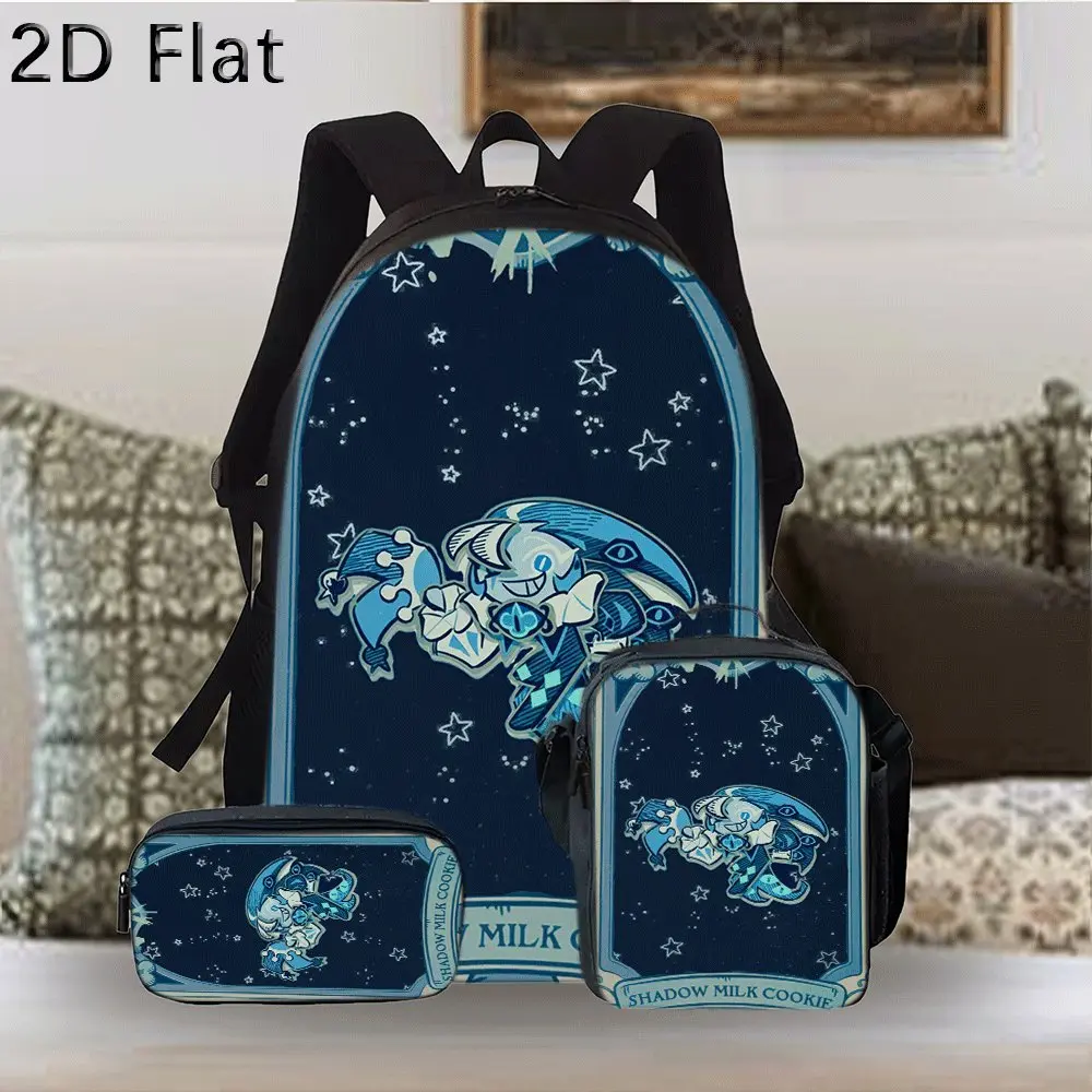 Durable Water Resistant 3-Piece Backpack Set for Kids, Lightweight School Bag with Lunch Box, Featuring Cookie Run Shadow Milk Cookie Vintage Tarot Frame Full-Print, Dark Navy Starry Sky Background for Mobile Game Fans Daily School & Casual Use, Synthetic