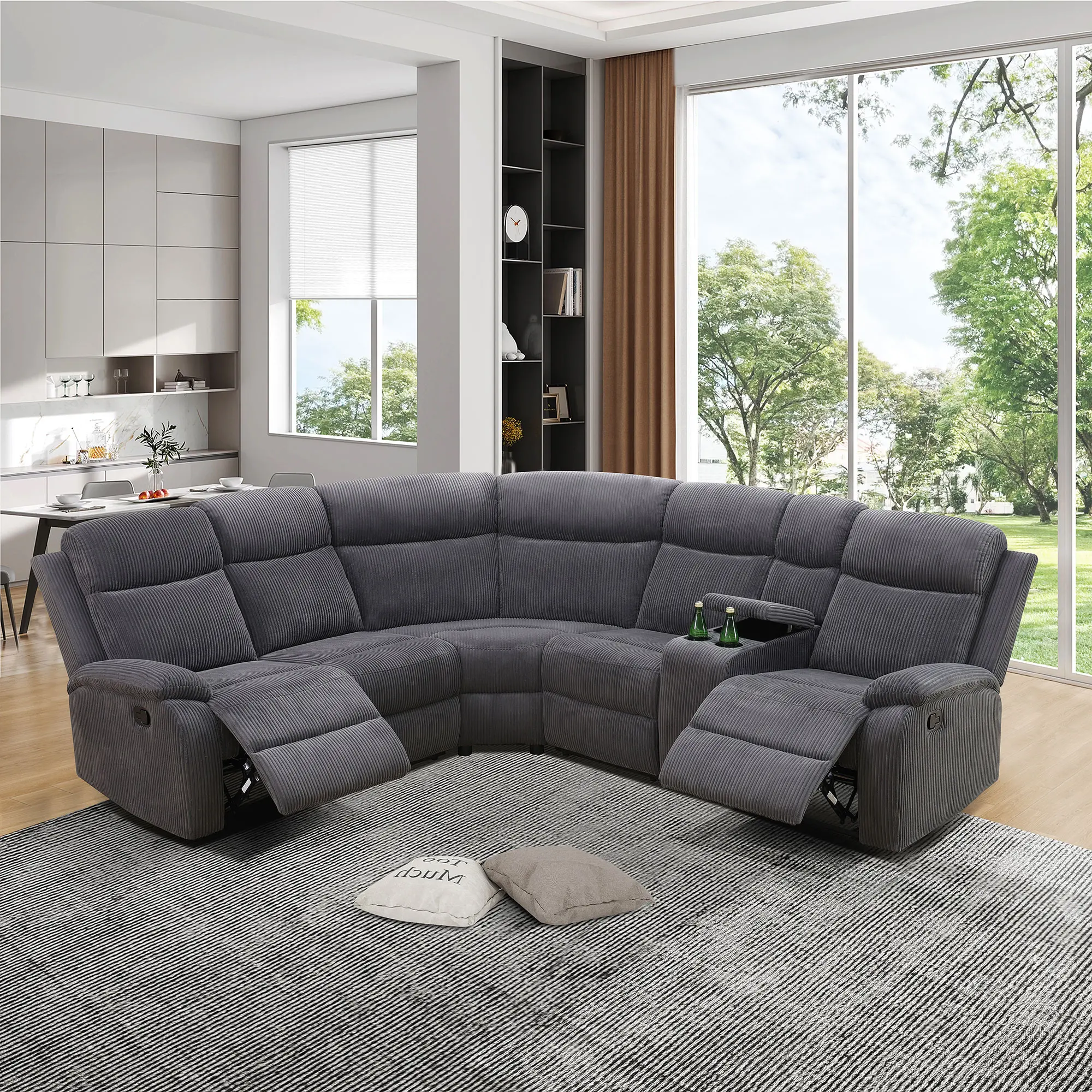 Indoor Furniture Sofa Set - 3-Piece Dark Grey Striped Cotton Intelligent Reclining Sofa, Modern Living Room Durable Sturdy Frame Piece, Fixed Arms, Adjustable Recline, Comfortable Cushions, Assembly Required (Ideal for Home, No Fire Safety Label), Dark Gr