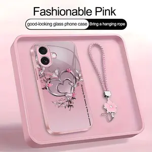 Suitable for [iPhone 17] high-end phone case，a beautiful four-leaf clover lanyard is included,Premium heart pattern,a variety of colors are available for you to choose from YM99
