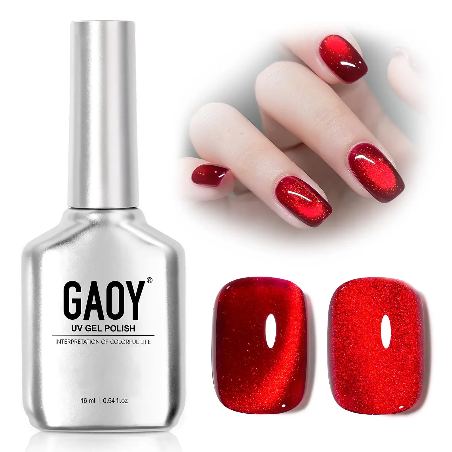 GAOY Red Cat Eye Gel Nail Polish, 16ml Glitter Holographic Nail Polish, Reflective Translucent UV Gel, 2907 Ruby Twilight