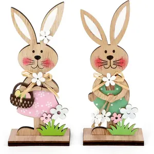 2 Pieces Wood Rabbit Decorations Sign Easter Stand Up Bunny Tiered Tray Decor, Rustic Table Sign for Home Spring Birthday Party Gifts Wall Art Decorate Wooden Decor