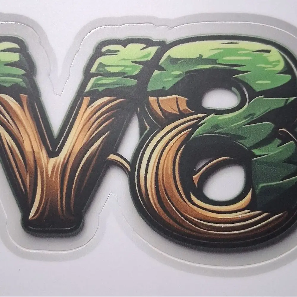 V8 Sequoia Tree Sticker - Unique Design with Green Leaves and Wooden Texture Features