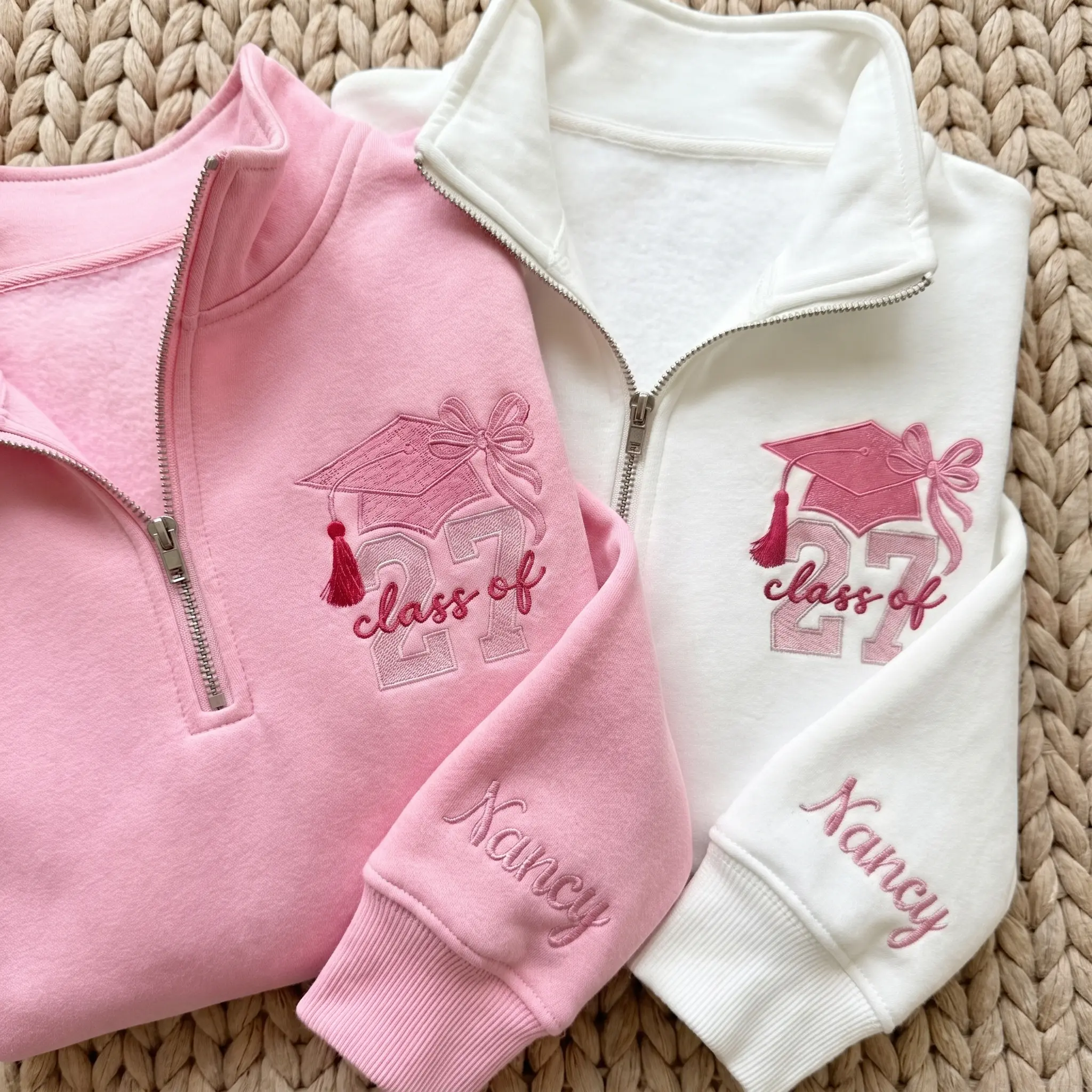 [MADE IN US] Coquette Senior 2027 Embroidered Sweatshirt, Personalized Class of 2027 Quarter Zip, Pink Bow Graduation Crewneck, Senior Night Gift for Her