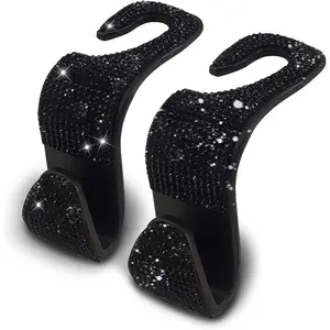 2 PCS Car Seat Hooks-Bling Rhinestone Headrest Hooks with Universal Design-Perfect for Holding Handbags, Clothes, Purses, and Water Bottles-Black