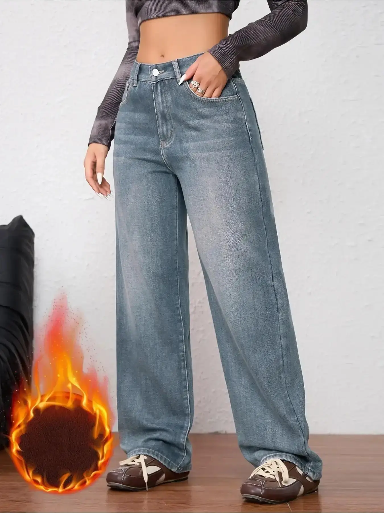 Women's Vintage Fleece-Lined Thickened Fall Winter Wide Leg Jeans, Elegant Comfortable Casual Trendy Straight Washed Denim Pants lightweight athleisure streetwear must have fashion forward