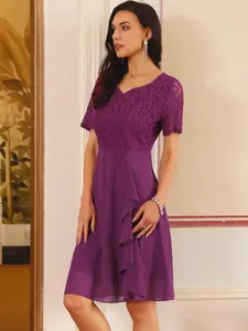 INSPIRE CHIC Women's Lace Chiffon Dresses Ruffle Workwear Wedding Cocktail Midi Dress Purplish