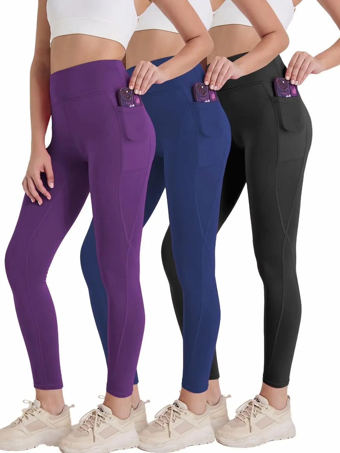 230g Women's Leggings Set of 3 High Waist Breathable with Pockets Compression Tights Multi-Color Suitable for All Seasons Daily Sports Fitness Yoga Shapewear