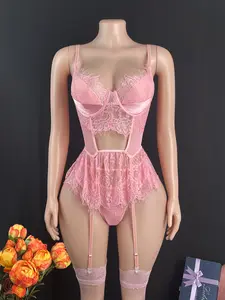 Women's Underwear Lingerie Set with Steel Ring, Triangle Panties, and Stockings, High-Quality Fabric, Elegant Simple Design, Sexy Lace Trim