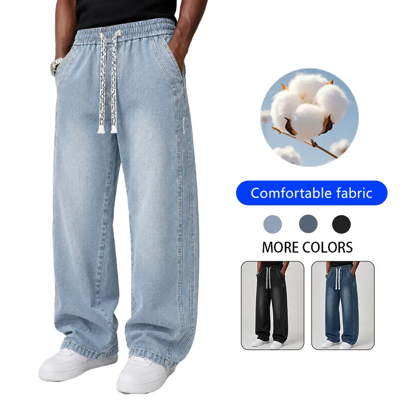 LIFE KEEPS MOVING men’s solid-color washed vintage distressed jeans featuring an elastic waistband with drawstring; minimalist, fashionable street style; cotton fabric that is skin-friendly and breathable; loose straight regular fit; available in multiple