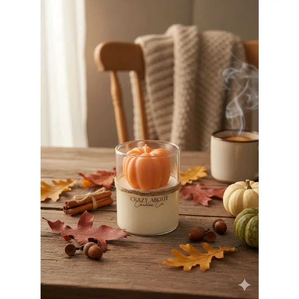 Handcrafted Soy Wax Pumpkin Candle in Glass Jar - Vanilla Fragrance, Cozy Table Home Decor, Wick