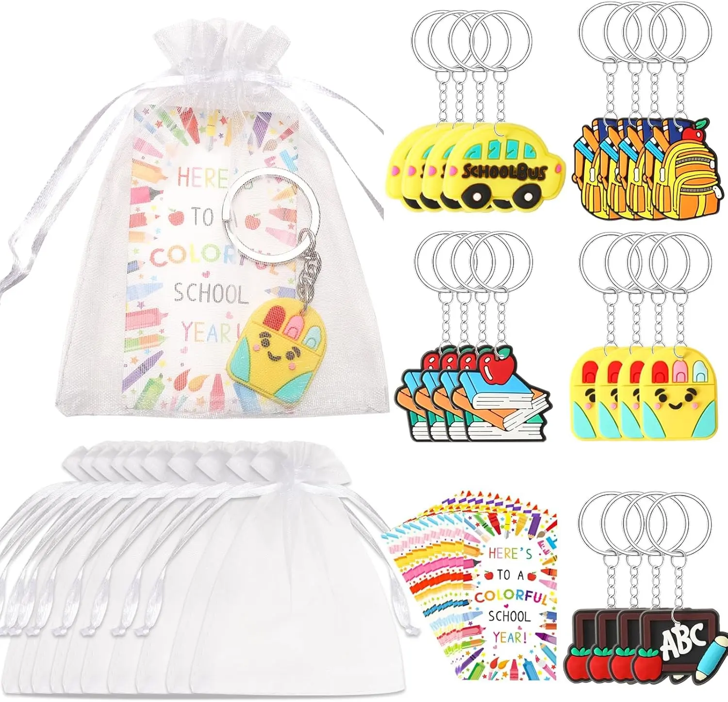20 Set Back to School Gifts for Students First Day Keychain Bulk | Apples Pencil Book School Bus Keychains, Beginning of the Year, First Day for Students, Classroom Gifts, Blessing Cards