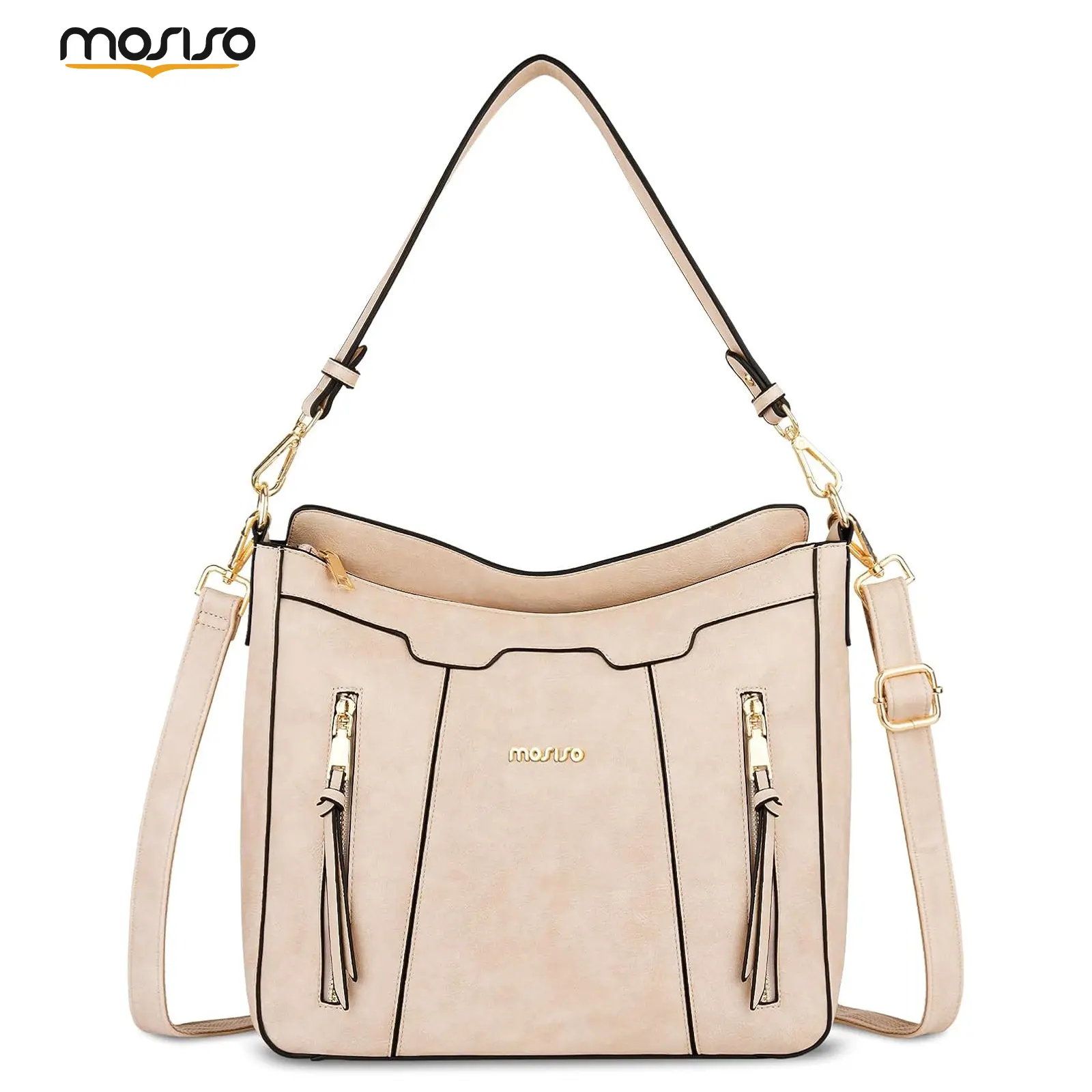 MOSISO Women's Basic PU Leather Synthetic Rectangle Tote Handbag - Small Hobo Purse with Adjustable Detachable Crossbody Strap for Work, Everyday Carry, Beige, Adjustable Strap, Zipper, Business, Solid, Padded Strap