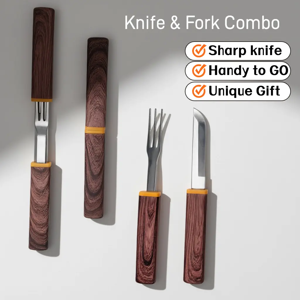 【July Selection】OesenX 2-in-1 camping knife and fork Spring limited Stainless steel two-in-one cutlery Sharp Silver Meat Scissors Dishwasher Safe Camping Steak Knife and Fork for food, steak, fruit Christmas Gift!