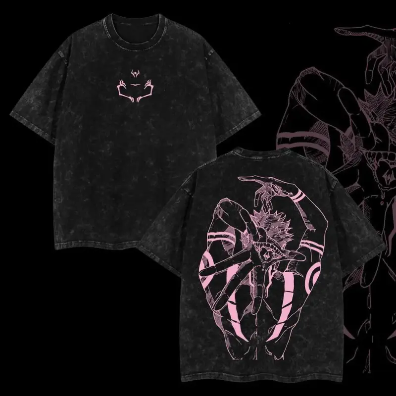 Women's Oversized T-Shirt, Vintage Washed Ryomen Sukuna Anime Graphic Print, Otaku Style Short Sleeve Casual Cotton Streetwear Top, Garment, Customized, Basic, Shortsleeve, Oversized Tshirt Women, Outdoors, Flat, Affordable Fashion, Clothing, Party, Stree