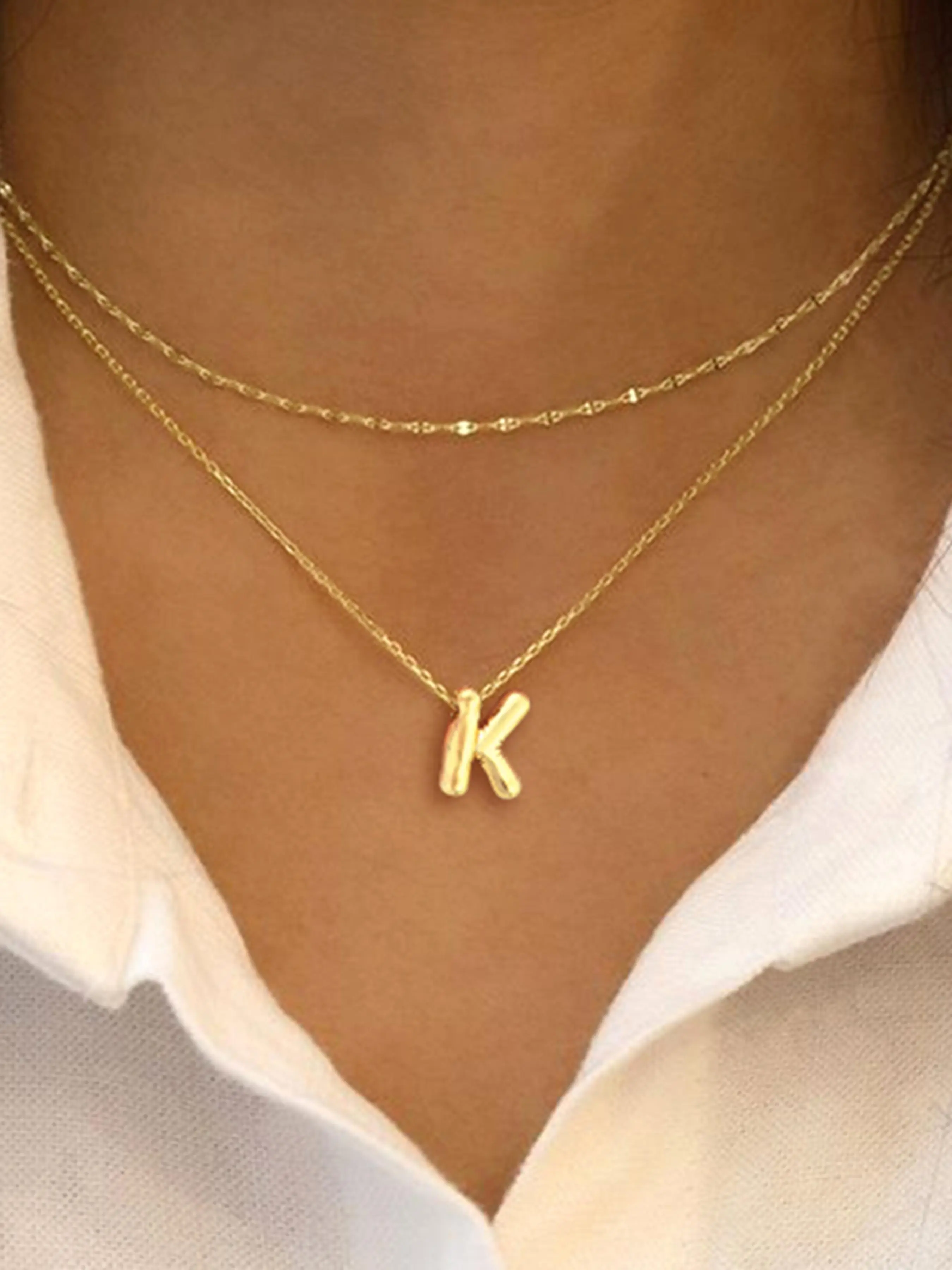 2Pcs/Set Big Bubble Initial Necklace Women New Fashion Golden Lip Chain Choker Stainless Steel Chain Layered Necklaces For Women Letters Necklace Layering Necklaces Fashionable Accessory