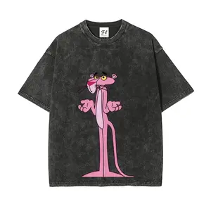 Pink Panther Shrug Meme Graphic T-Shirt, 90s Cartoon Nostalgia Acid Wash Tee, Unisex Vintage Style Short Sleeve Crewneck Cotton Blend Top, Trendy Streetwear for Cartoon Fans and Meme Connoisseurs