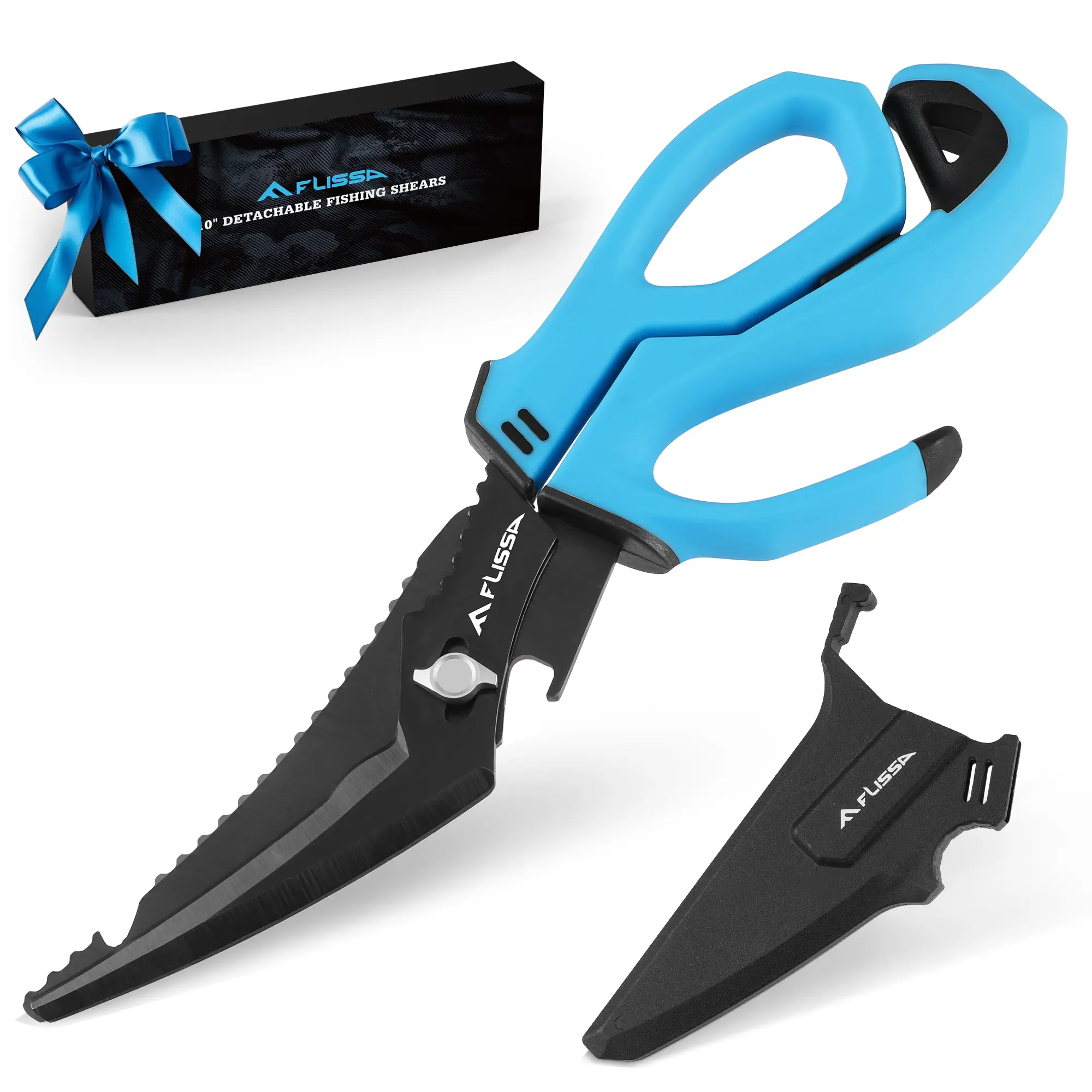 #summersale FLISSA 10" Fishing Scissors, Stainless Steel Detachable Kitchen Scissors, Fishing Shears with Fin Clipper & Fish Scaler, Non-Slip Grip, Protective Sheath