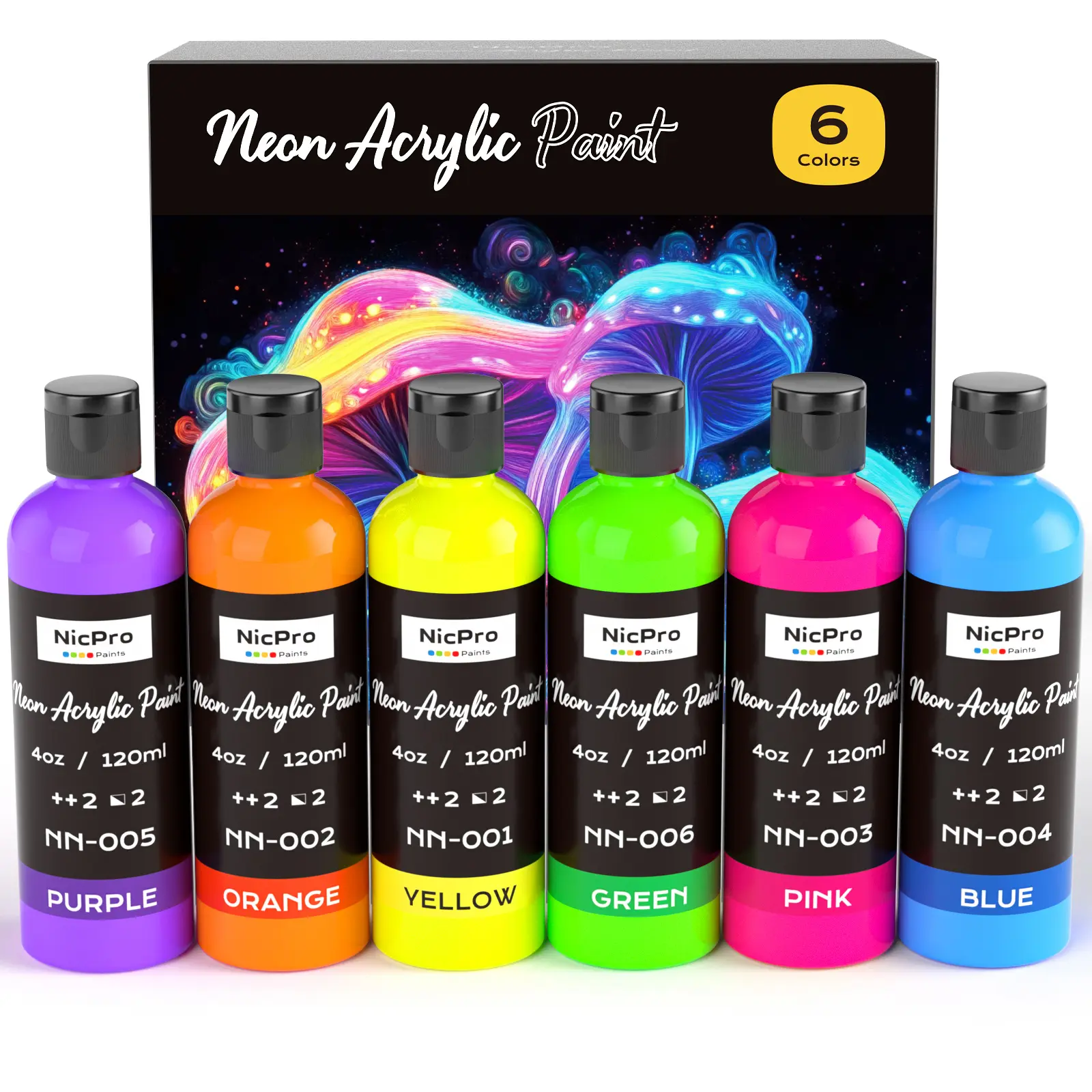 Nicpro 6-Pack Non-Toxic Fluorescent Acrylic Paint Set - Art Craft Supplies for All Ages, Blacklight View, Versatile for Neon Party, DIY Projects (Canvas, Rock)