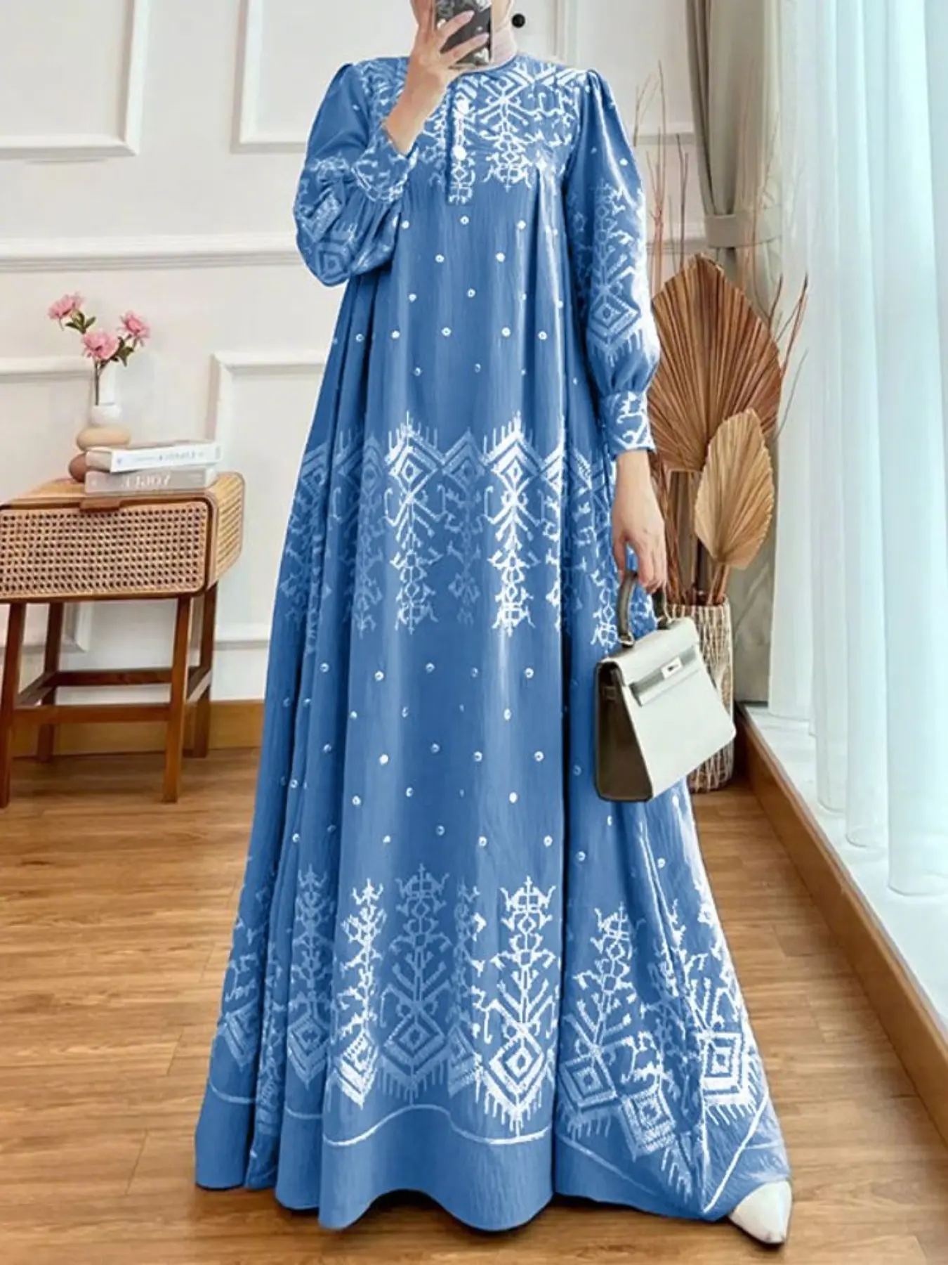 Women's Casual Modest Style Dress, Modest Clothes, Round Neck Nine-Quarter Sleeve Position Print Half Button Design, Suitable for Daily Outings, Modest Dresses