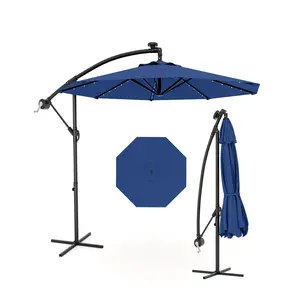 Solar LED Cantilever Patio Umbrella 10FT – 32 Lights, Infinite Tilt & Durable Steel Ribs, Waterproof UV-Resistant, Cross Base, Outdoor Sun Shade for Garden, Pool, Deck – Multiple Colors