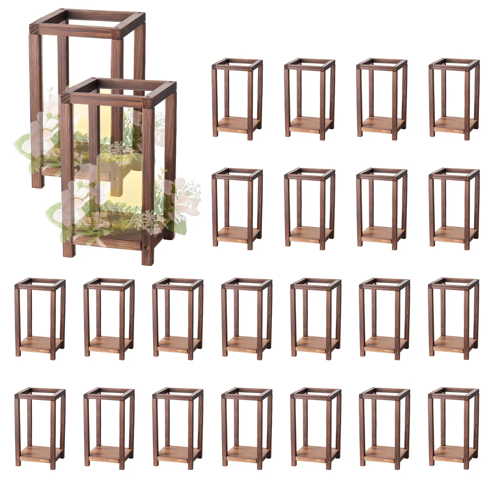VEVOR 24-Pack Sturdy Carbonized Cedar Wood-Plastic Candle Holder Lanterns, 5.51x5.51x10.03 in, Easy-Install Elegant Centerpieces for Family Dinners, Weddings, Room Decor, Reusable Brown Candle Holders